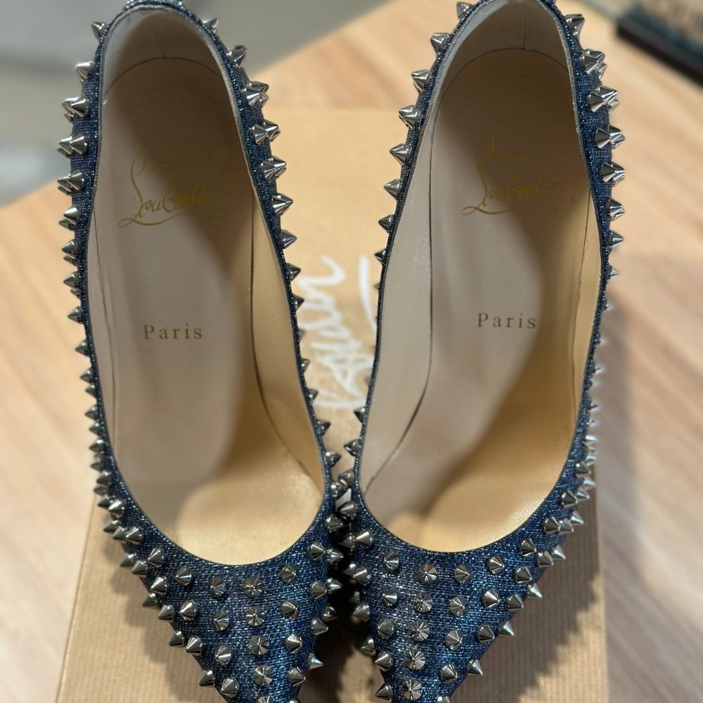 Christian Louboutin Follies Spikes 100 Denim / Silver - Picture 2 of 5